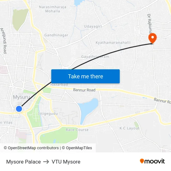 Mysore Palace to VTU Mysore map