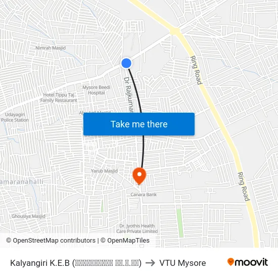 Kalyangiri K.E.B (ಕಲ್ಯಾಣಗಿರಿ ಕೆ.ಇ.ಬಿ) to VTU Mysore map