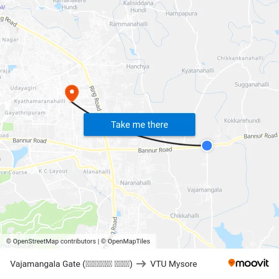 Vajamangala Gate (ವಾಜಮಂಗಲ ಗೇಟ್) to VTU Mysore map