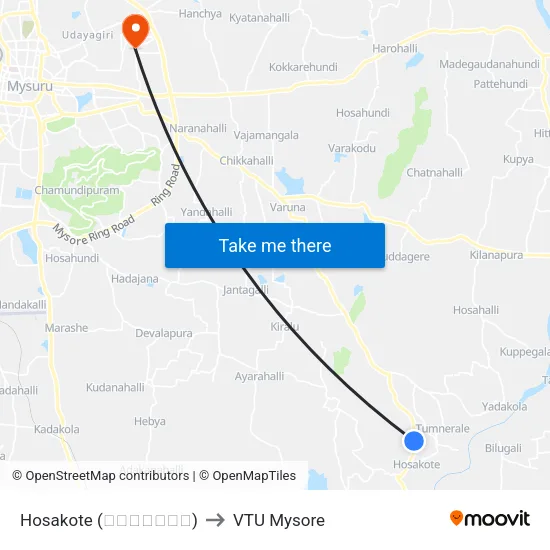 Hosakote (ಹೊಸಕೋಟೆ) to VTU Mysore map