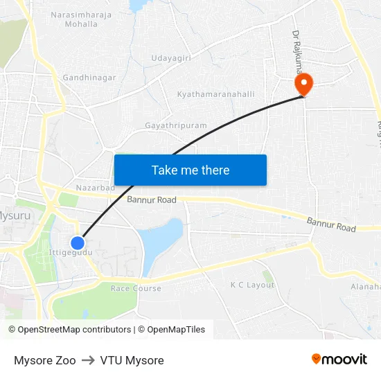 Mysore Zoo to VTU Mysore map