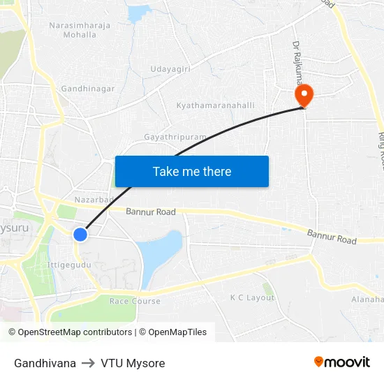 Gandhivana to VTU Mysore map
