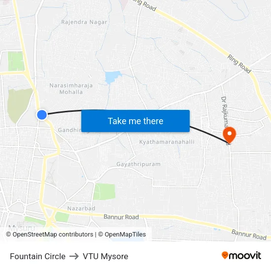 Fountain Circle to VTU Mysore map
