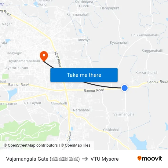 Vajamangala Gate (ವಾಜಮಂಗಲ ಗೇಟ್) to VTU Mysore map