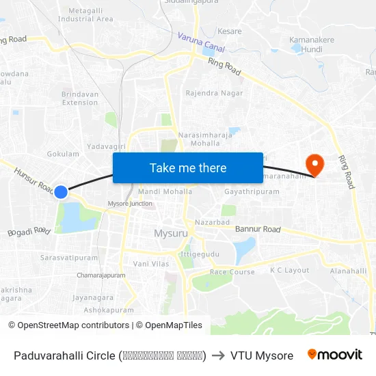 Paduvarahalli Circle (ಪಡುವರಹಳ್ಳಿ ವೃತ್ತ) to VTU Mysore map