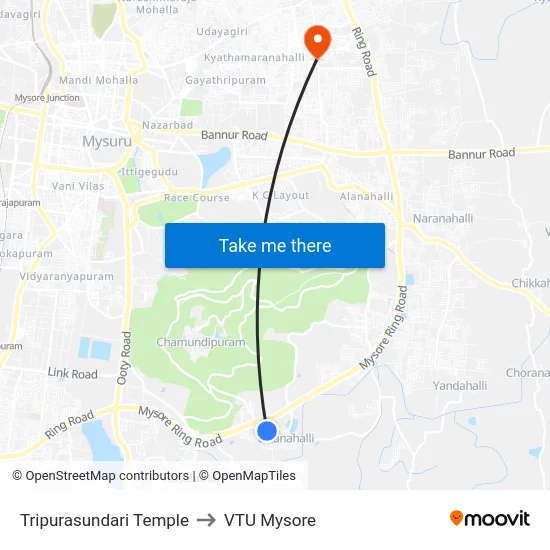 Tripurasundari Temple to VTU Mysore map