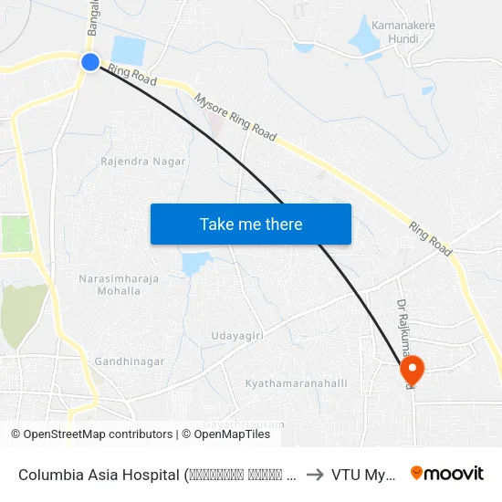 Columbia Asia Hospital (ಕೊಲಂಬಿಯಾ ಏಷ್ಯಾ ಆಸ್ಪತ್ರೆ) to VTU Mysore map