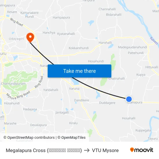 Megalapura Cross (ಮೇಘಲಾಪುರ ಕ್ರಾಸ್) to VTU Mysore map