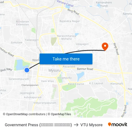 Government Press (ಸರ್ಕಾರಿ ಮುದ್ರಣಾಲಯ) to VTU Mysore map