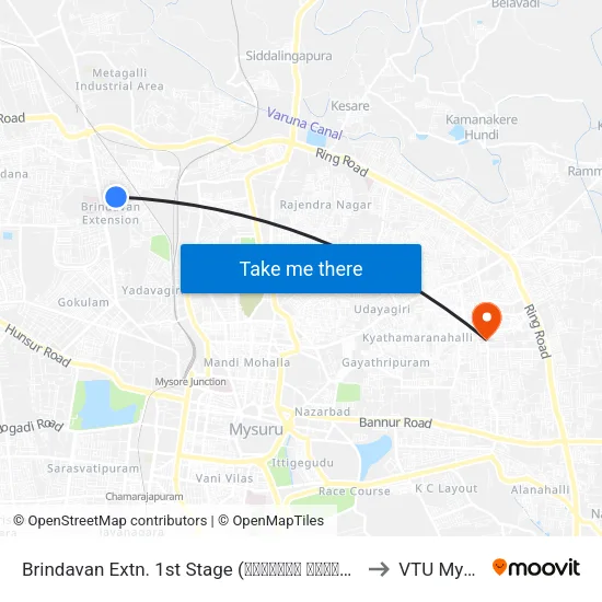 Brindavan Extn. 1st Stage (ಬೃಂದಾವನ ಬಡಾವಣೆ 1ನೇ ಹಂತ) to VTU Mysore map