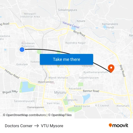 Doctors Corner to VTU Mysore map