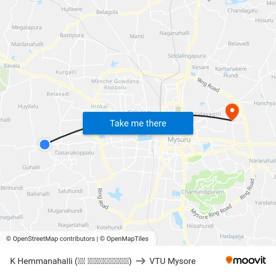 K Hemmanahalli (ಕೆ ಹೆಮ್ಮನಹಳ್ಳಿ) to VTU Mysore map