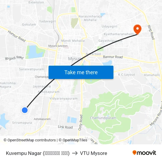 Kuvempu Nagar (ಕುವೆಂಪು ನಗರ) to VTU Mysore map