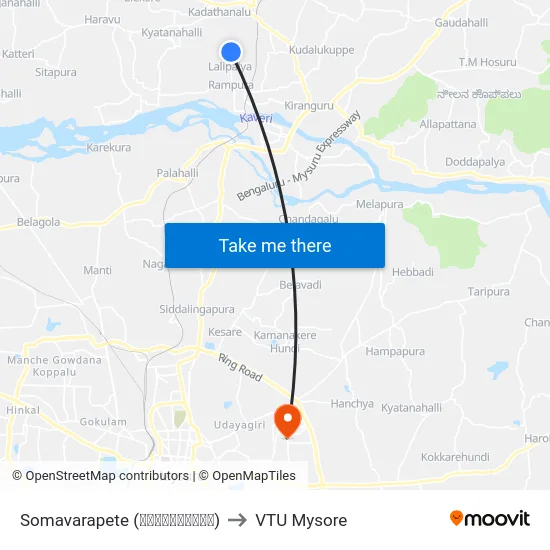 Somavarapete (ಸೋಮವಾರಪೇಟೆ) to VTU Mysore map