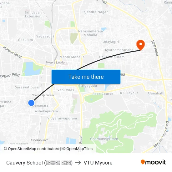 Cauvery School (ಕಾವೇರಿ ಶಾಲೆ) to VTU Mysore map