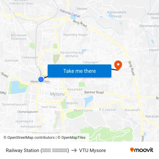 Railway Station (ರೈಲು ನಿಲ್ದಾಣ) to VTU Mysore map