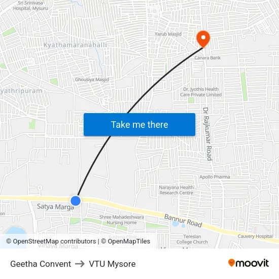 Geetha Convent to VTU Mysore map