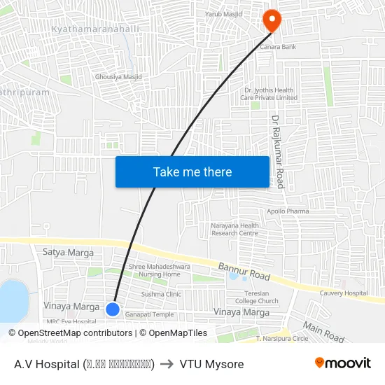 A.V Hospital (ಎ.ವಿ ಆಸ್ಪತ್ರೆ) to VTU Mysore map