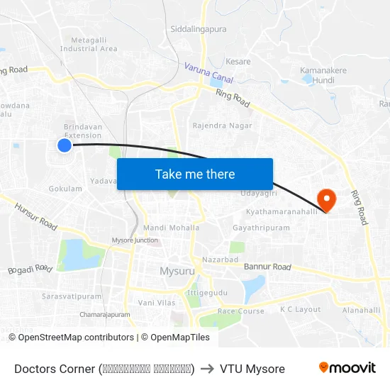 Doctors Corner (ಡಾಕ್ಟರ‍್ಸ್ ಕಾರ್ನರ್) to VTU Mysore map