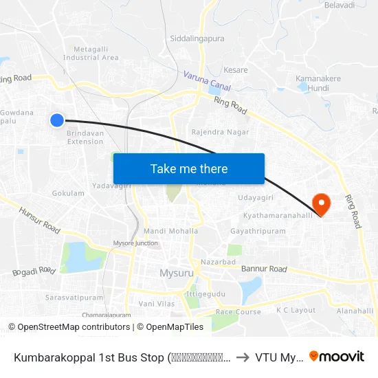 Kumbarakoppal 1st Bus Stop (ಕುಂಬಾರಕೊಪ್ಪಲು 1ನೇ ಬಸ್ ನಿ.) to VTU Mysore map