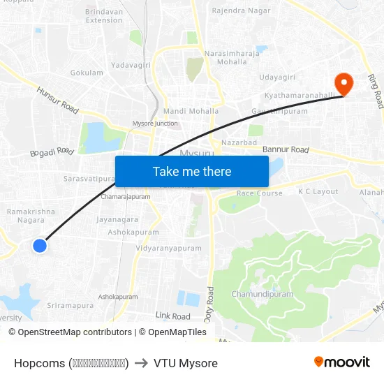 Hopcoms (ಹಾಪ್‌ಕಾಮ್ಸ್) to VTU Mysore map