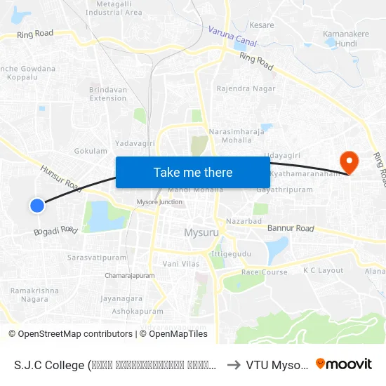 S.J.C College (ಶ್ರೀ ಜಯಚಾಮರಾಜೇಂದ್ರ ಕಾಲೇಜು) to VTU Mysore map