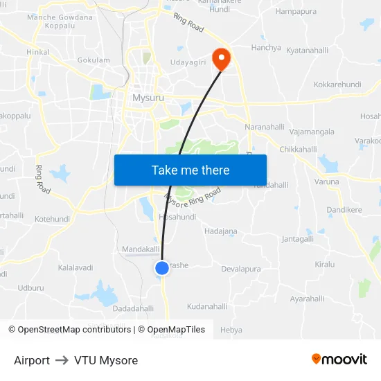 Airport to VTU Mysore map
