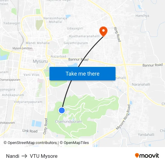 Nandi to VTU Mysore map