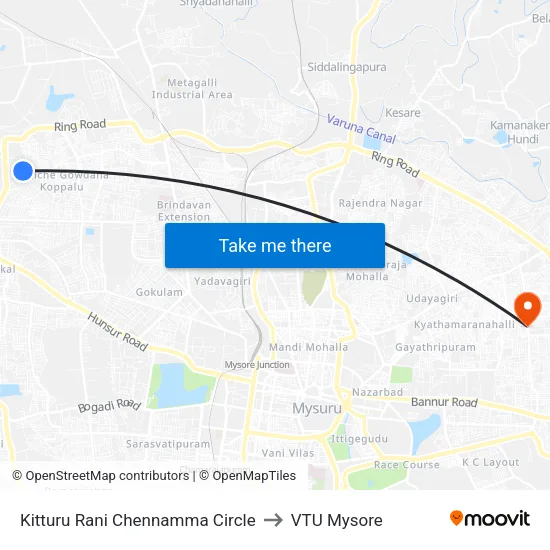 Kitturu Rani Chennamma Circle to VTU Mysore map
