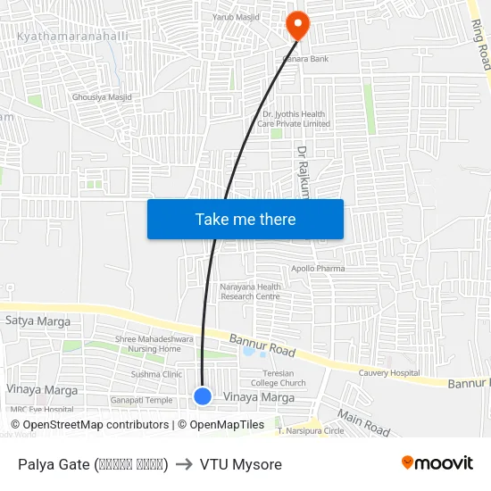 Palya Gate (ಪಾಳ್ಯ ಗೇಟ್) to VTU Mysore map