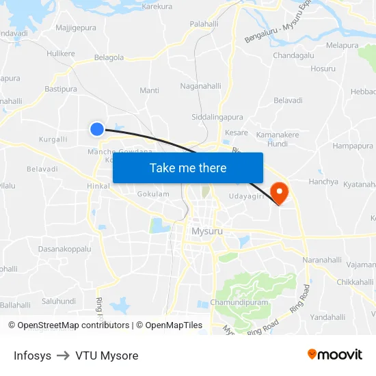 Infosys to VTU Mysore map