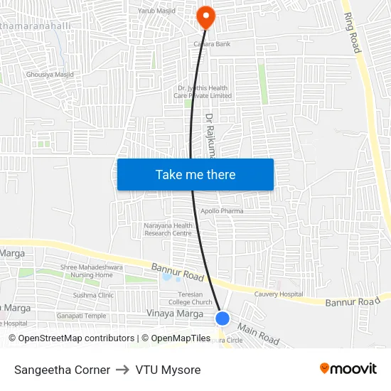 Sangeetha Corner to VTU Mysore map