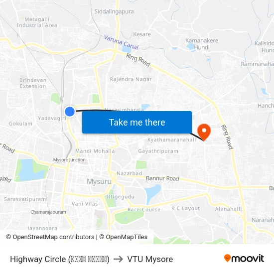 Highway Circle (ಹೈವೇ ವೃತ್ತ) to VTU Mysore map