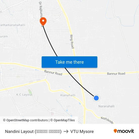 Nandini Layout (ನಂದಿನಿ ಬಡಾವಣೆ) to VTU Mysore map