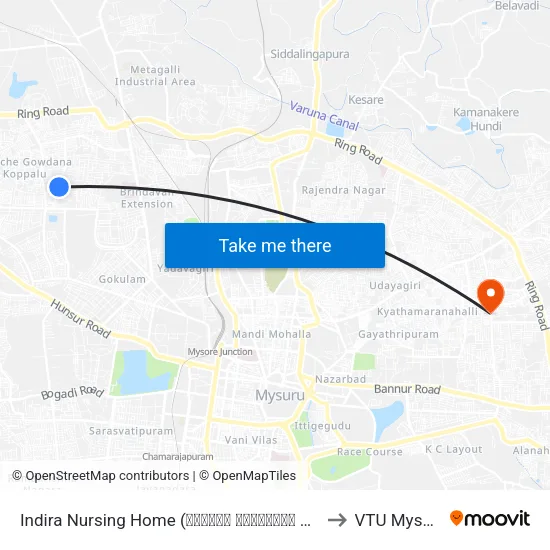 Indira Nursing Home (ಇಂದಿರಾ ನರ್ಸಿಂಗ್ ಹೋಮ್) to VTU Mysore map
