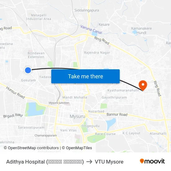 Adithya Hospital (ಆದಿತ್ಯ ಆಸ್ಪತ್ರೆ) to VTU Mysore map