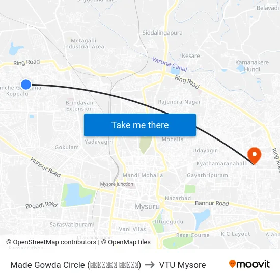Made Gowda Circle (ಮಾದೇಗೌಡ ವೃತ್ತ) to VTU Mysore map