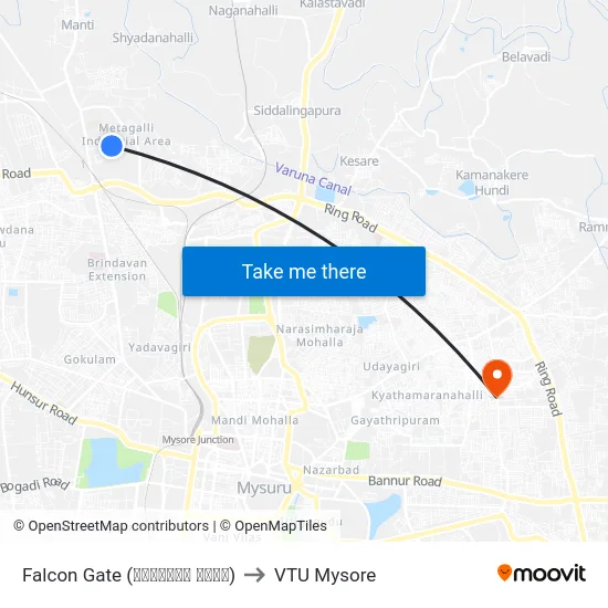 Falcon Gate (ಫಾಲ್ಕನ್ ಗೇಟ್) to VTU Mysore map