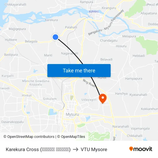 Karekura Cross (ಕರೇಕೂರ ಕ್ರಾಸ್) to VTU Mysore map