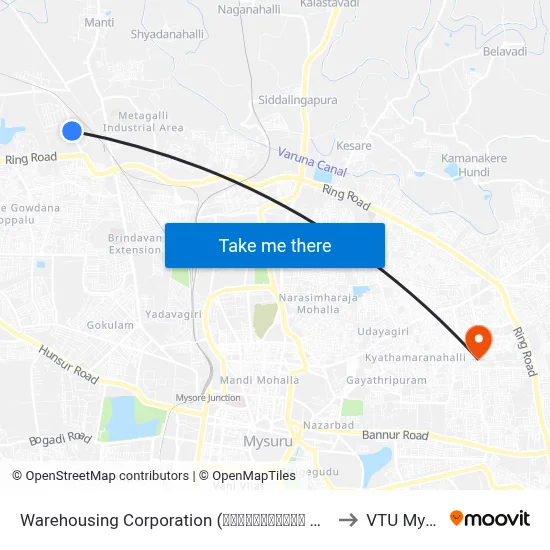 Warehousing Corporation (ವೇರ್‌ಹೌಸಿಂಗ್ ಕಾರ್ಪೊರೇಷನ್) to VTU Mysore map
