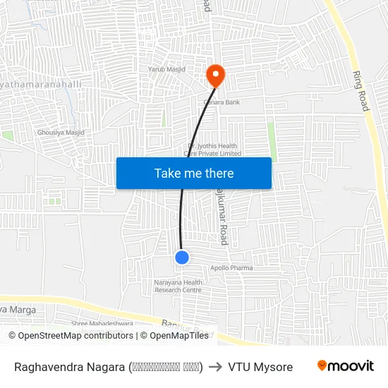 Raghavendra Nagara (ರಾಘವೇಂದ್ರ ನಗರ) to VTU Mysore map