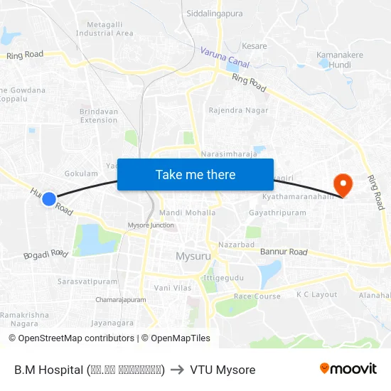 B.M Hospital (ಬಿ.ಎಂ ಆಸ್ಪತ್ರೆ) to VTU Mysore map