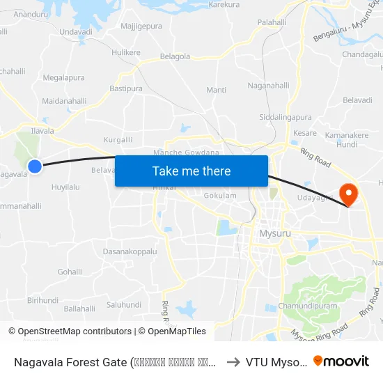 Nagavala Forest Gate (ನಾಗವಾಲ ಅರಣ್ಯ ದ್ವಾರ) to VTU Mysore map