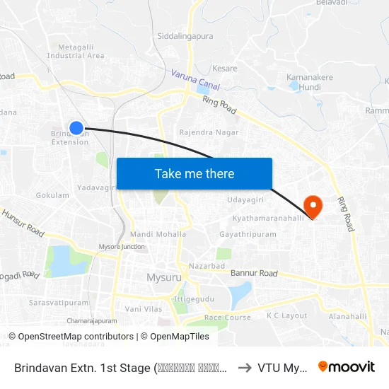Brindavan Extn. 1st Stage (ಬೃಂದಾವನ ಬಡಾವಣೆ 1ನೇ ಹಂತ) to VTU Mysore map