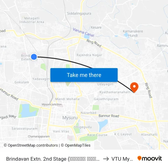 Brindavan Extn. 2nd Stage (ಬೃಂದಾವನ ಬಡಾವಣೆ 2ನೇ ಹಂತ) to VTU Mysore map