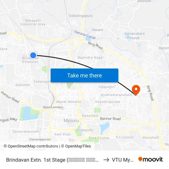 Brindavan Extn. 1st Stage (ಬೃಂದಾವನ ಬಡಾವಣೆ 1ನೇ ಹಂತ) to VTU Mysore map