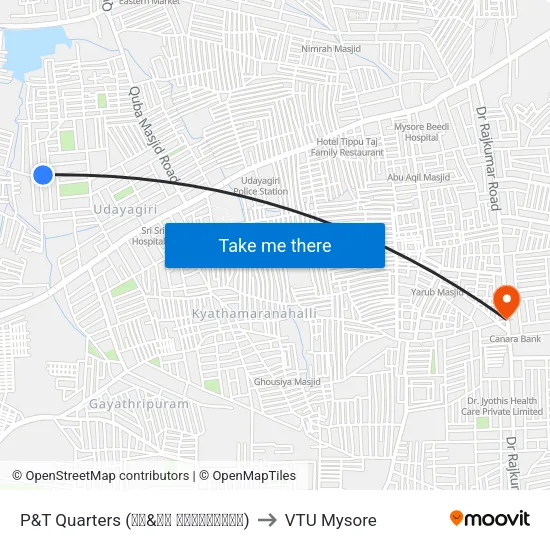 P&T Quarters (ಪಿ&ಟಿ ಕ್ವಾಟರ‍್ಸ್) to VTU Mysore map