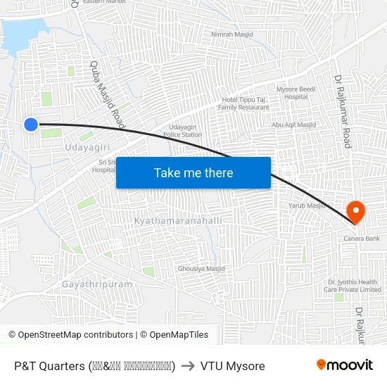 P&T Quarters (ಪಿ&ಟಿ ಕ್ವಾಟರ‍್ಸ್) to VTU Mysore map