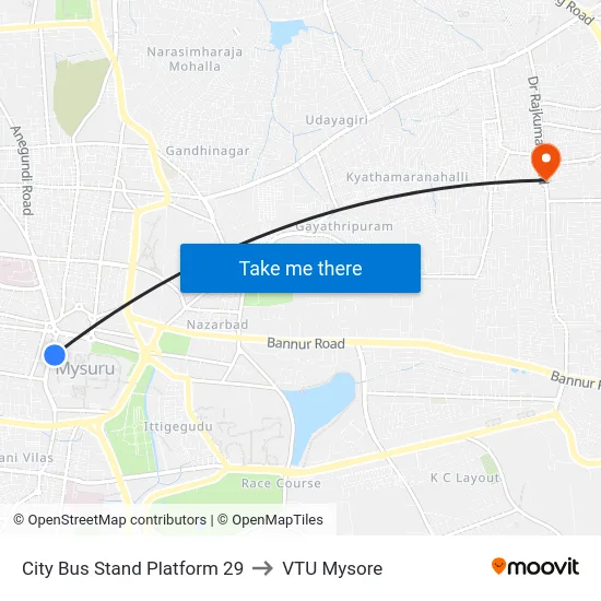 City Bus Stand Platform 29 to VTU Mysore map