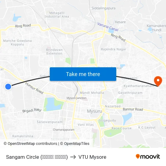 Sangam Circle (ಸಂಗಮ್ ವೃತ್ತ) to VTU Mysore map